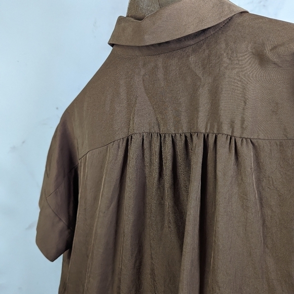 Everlane Shirt 00 2XS Women Brown Coco Button Up Short Sleeve Japanese Go Weave - Picture 14 of 16